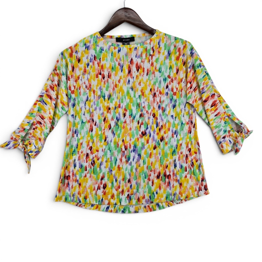 Ali Miles Womens PXS Abstract Print Tie Sleeve Knit Top Colorful Artsy Stretch